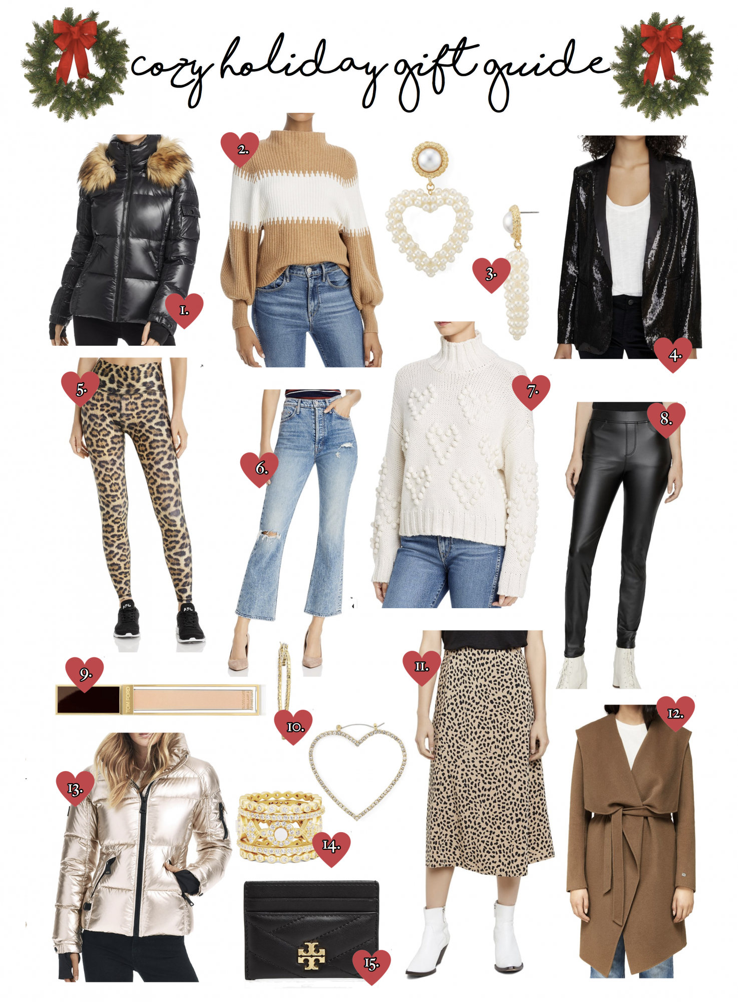 Bloomingdales sweaters holiday gift guide | Cozy Gift Ideas by popular Oklahoma life and style blog, The Sweetest Thing: collage image of MATTE BLACK PUFFER JACKET W/FAUX FUR HOOD TRIM, TAN & WHITE STRIPED MOCK NECK SWEATER, PEARL HEART SHAPED EARRINGS, BLACK SEQUIN BLAZER, LEOPARD PRINT YOGA PANTS, HIGH WAISTED STRAIGHT LEG DENIM, HEART POM TURTLENECK SWEATER, FAUX LEATHER LEGGINGS, TOM FORD LUXE LIP GLOSS, DIAMOND HEART EARRINGS, LEOPARD PRINT MIDI SKIRT, WOOL BLEND DRAPED WRAP COAT, ROSE GOLD PUFFER JACKET, GOLD STACKED RINGS, TORY BURCH CARD CASE, JOIE SWEATER, KATE SPADE PINK TEDDY BEAR JACKET, FRENCH CONNECTION SEQUIN DRESS, and LINE & DOT FRINGE SWEATER.