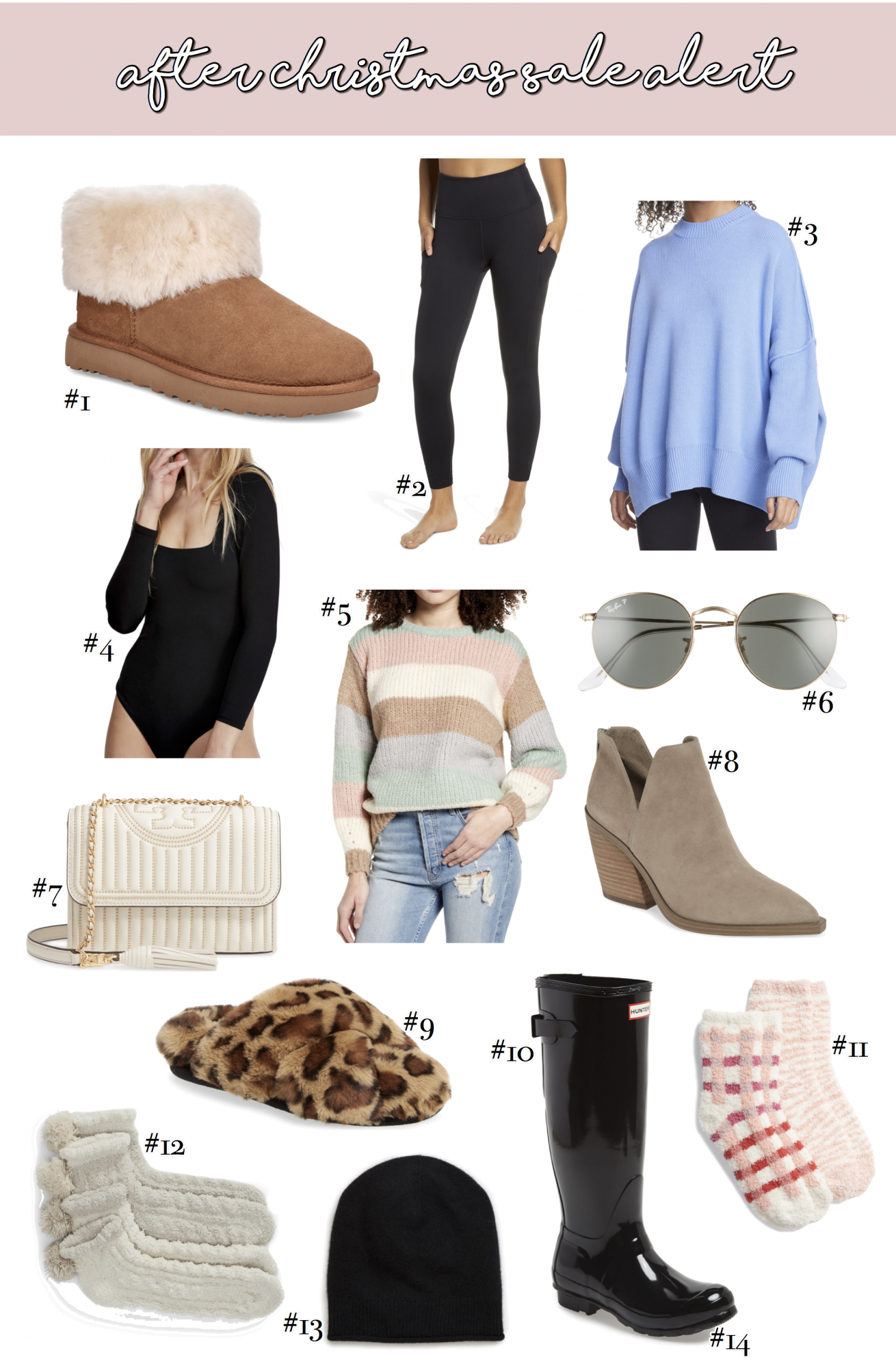 Best After Christmas Sales / Deals [40% Off!] by popular Oklahoma life and style blog, The Sweetest Thing: collage image of Ugg boots, Zella leggings, oversized Free People sweater, Hunter rain boots, Ray-Ban sunglasses, Free People bodysuit, Tory Burch crossbody bag, cahmere beanie, fuzzy leopard print slippers, stripe sweater, taupe suede ankle boots, and fuzzy pom socks. 