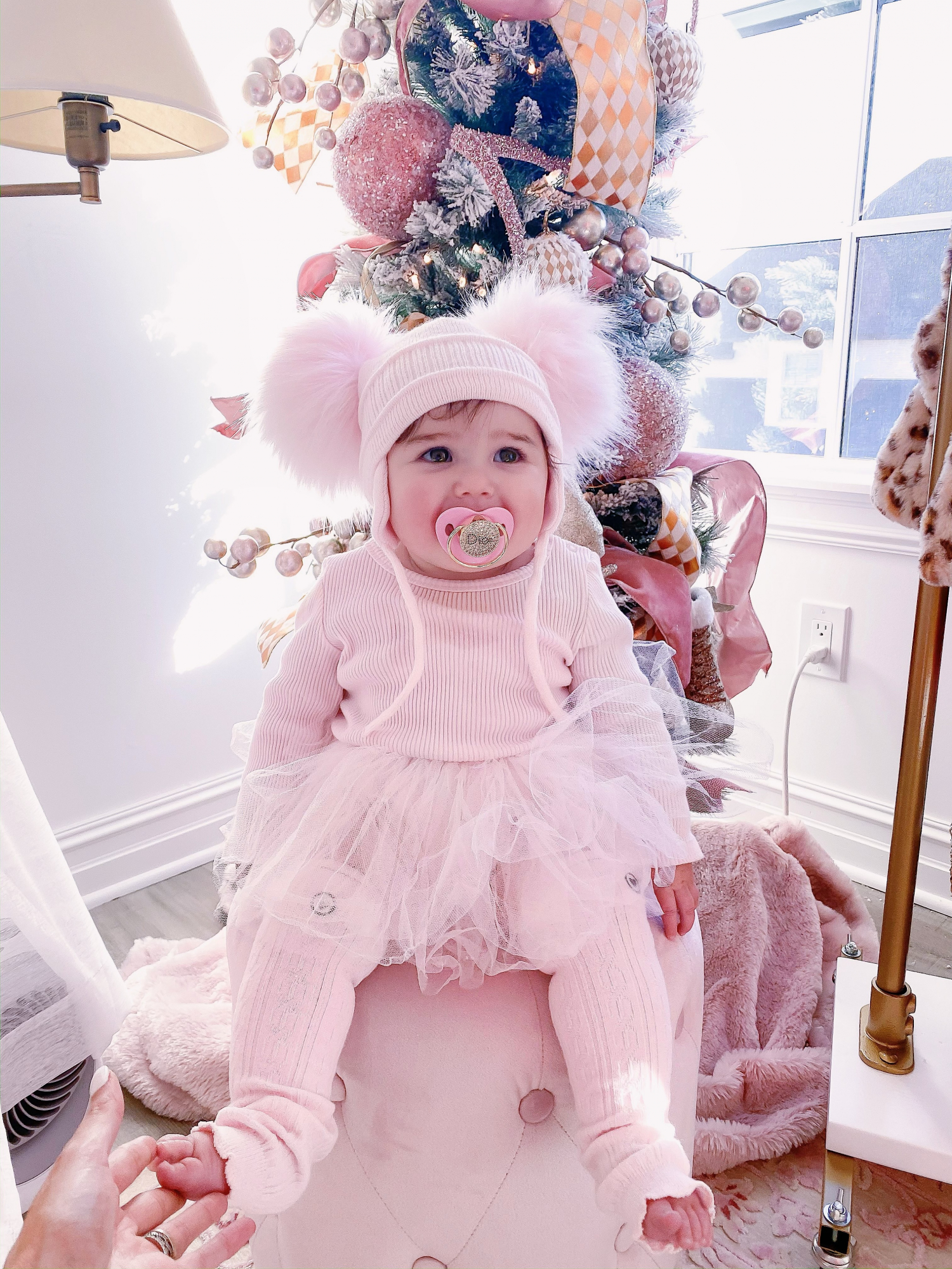 baby girl fashion blogger pinterest, baby girl fashionista, sophia gemma | A YEAR IN REVIEW : MASSIVE 2019 INSTAGRAM RECAP by popular Oklahoma life and style blog, The Sweetest Thing: image of a baby with a Sugar Plum Avenue Dior pacifier and wearing a Nordstrom Tutu Bodysuit Dress SEED HERITAGE and H&M Leg Warmers.
