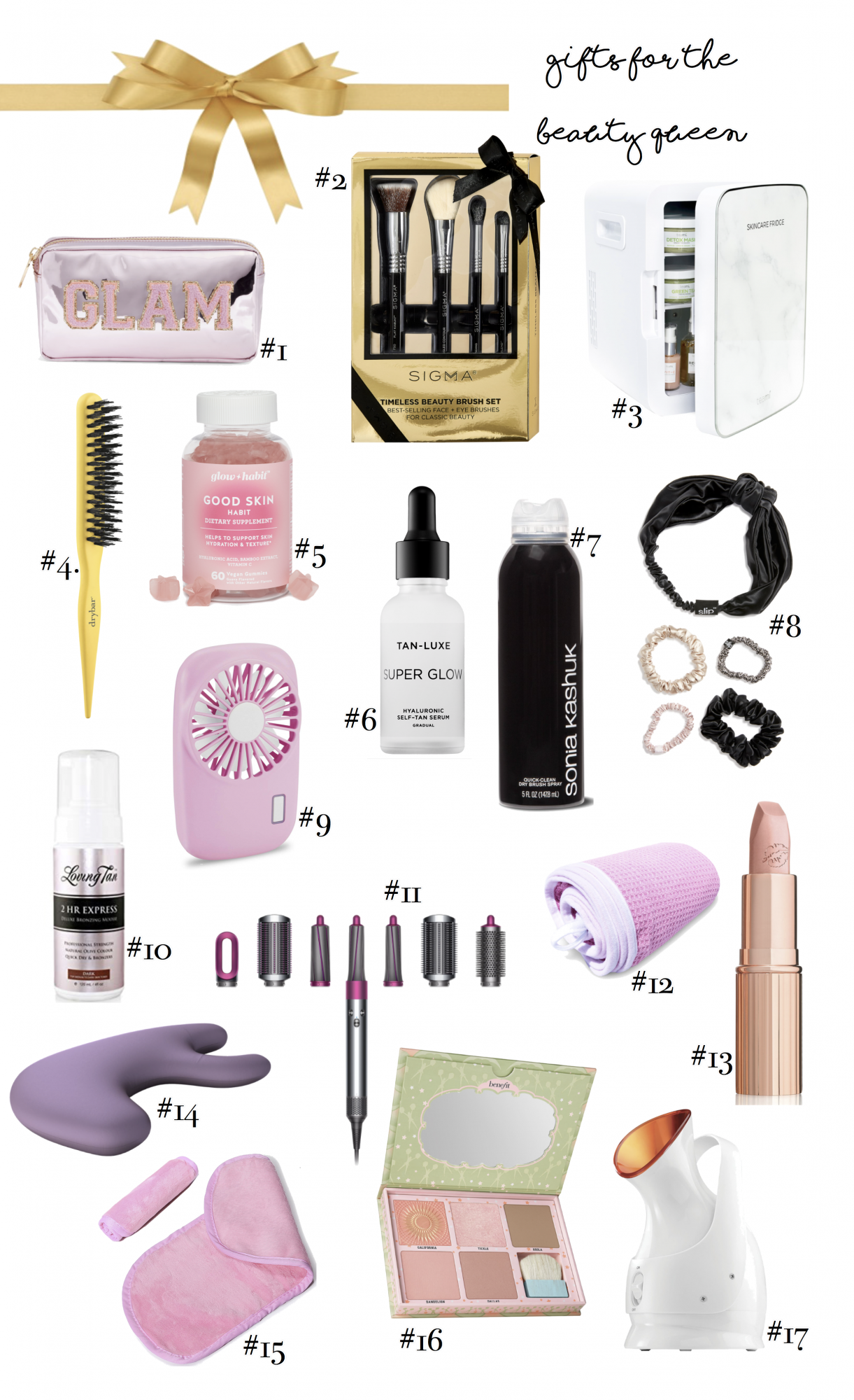 christmas gift ideas for beauty makeup lovers | The Best Beauty Gift Ideas by popular Oklahoma beauty blog, The Sweetest Thing: collage image of glow and beauty good skin supplement, brush set, Dr. Dennis Gross facial steamer, cookie pallet, makeup remover cloth, age delay pillow, Kim KW lipstick, pink hair towel, Dyson airwrap, Loving Tan 2 Hour Self Tan, Pink travel fan, silk scrunchies, Sonia Kashuk brush spray, Tan Lux self tanning drops, teasing comb, and a skincare fridge.