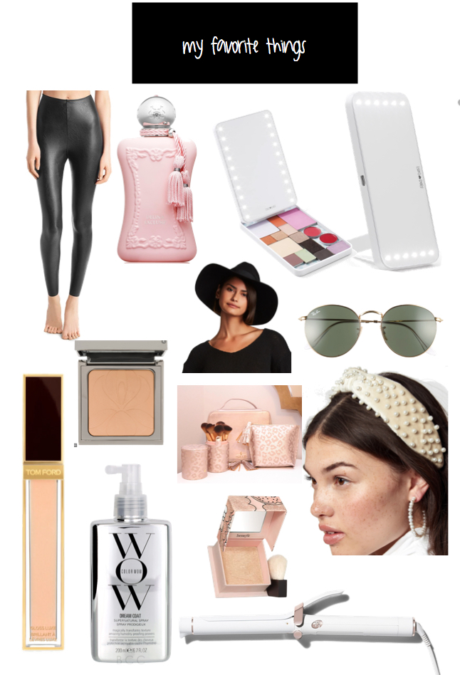 FAVORITE GIFT IDEAS FOR HER + MEGA GIVEAWAY [+Louis Vuitton Wallet] by popular Oklahoma life and style blog, The Sweetest Thing: collage image of spanx faux leather leggings, perfume, Tom Ford concealer, powder pallet, T3 curling iron, pear headband, Ray-Ban sunglasses, felt hat, and makeup pallet.