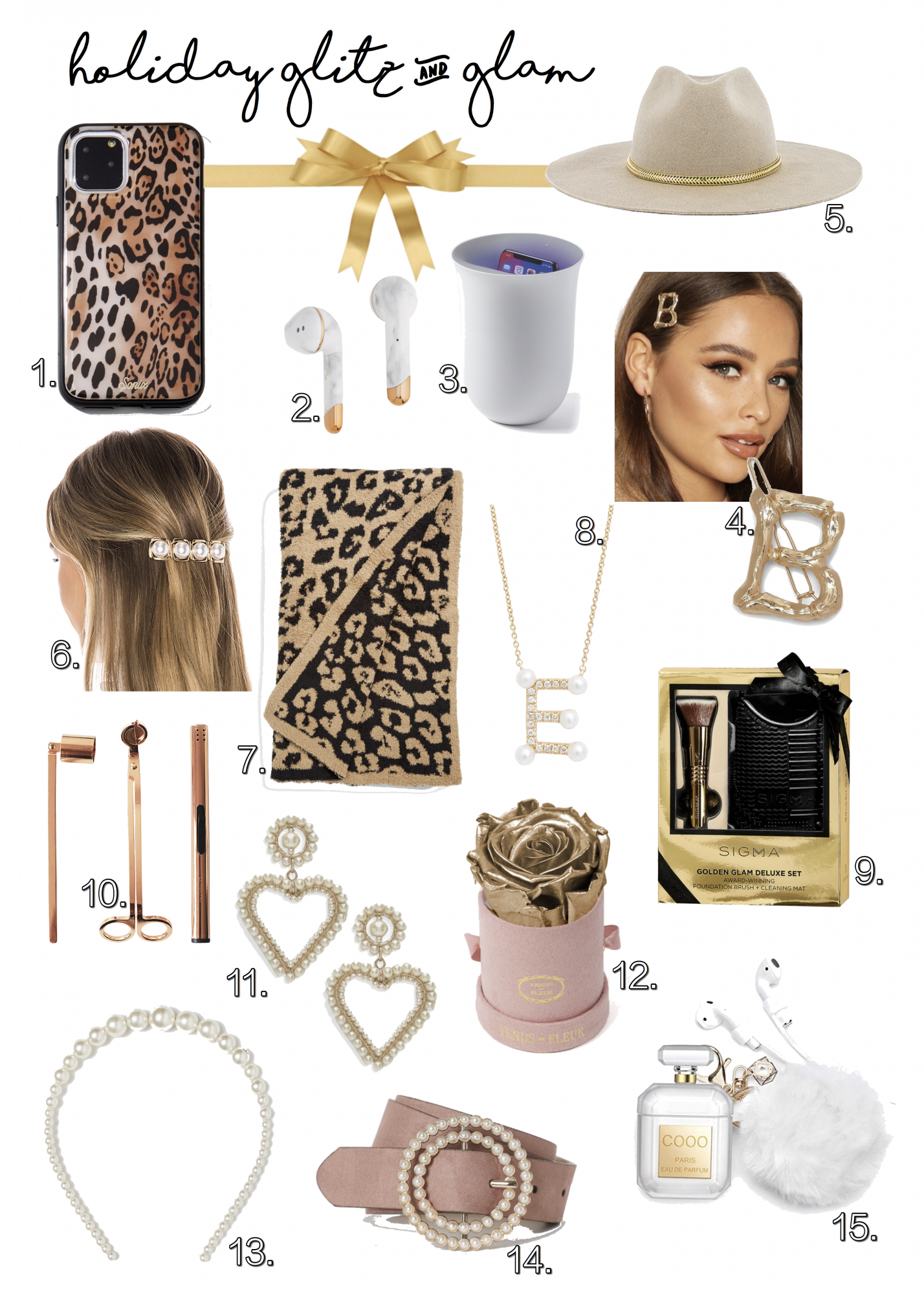 holiday gift guide 2019 emily gemma the sweetest thing blog | Glitz and Glam Gifts [👀Cute Things I've Got My Eyes On...] by popular Oklahoma life and style blog, The Sweetest Thing: collage image of LEOPARD PRINT IPHONE 11 PHONE PRO CASE, MARBLE EAR PODS, PHONE SANITIZER, BAMBOO INITIAL HAIR CLIP, HAT WITH GOLD CHAIN, PEARL HAIR CLIP, LEOPARD BLANKET, PEARL INITIAL NECKLACE, SIGMA BEAUTY GLAM GIFT SET, CANDLE ACCESSORY SET, PEARL HEART EARRINGS, VENUS ET FLEUR MINI ROSE BOX, PEARL HEADBAND, PEARL BUCKLE BELT and AIRPOD CASE WITH KEYCHAIN