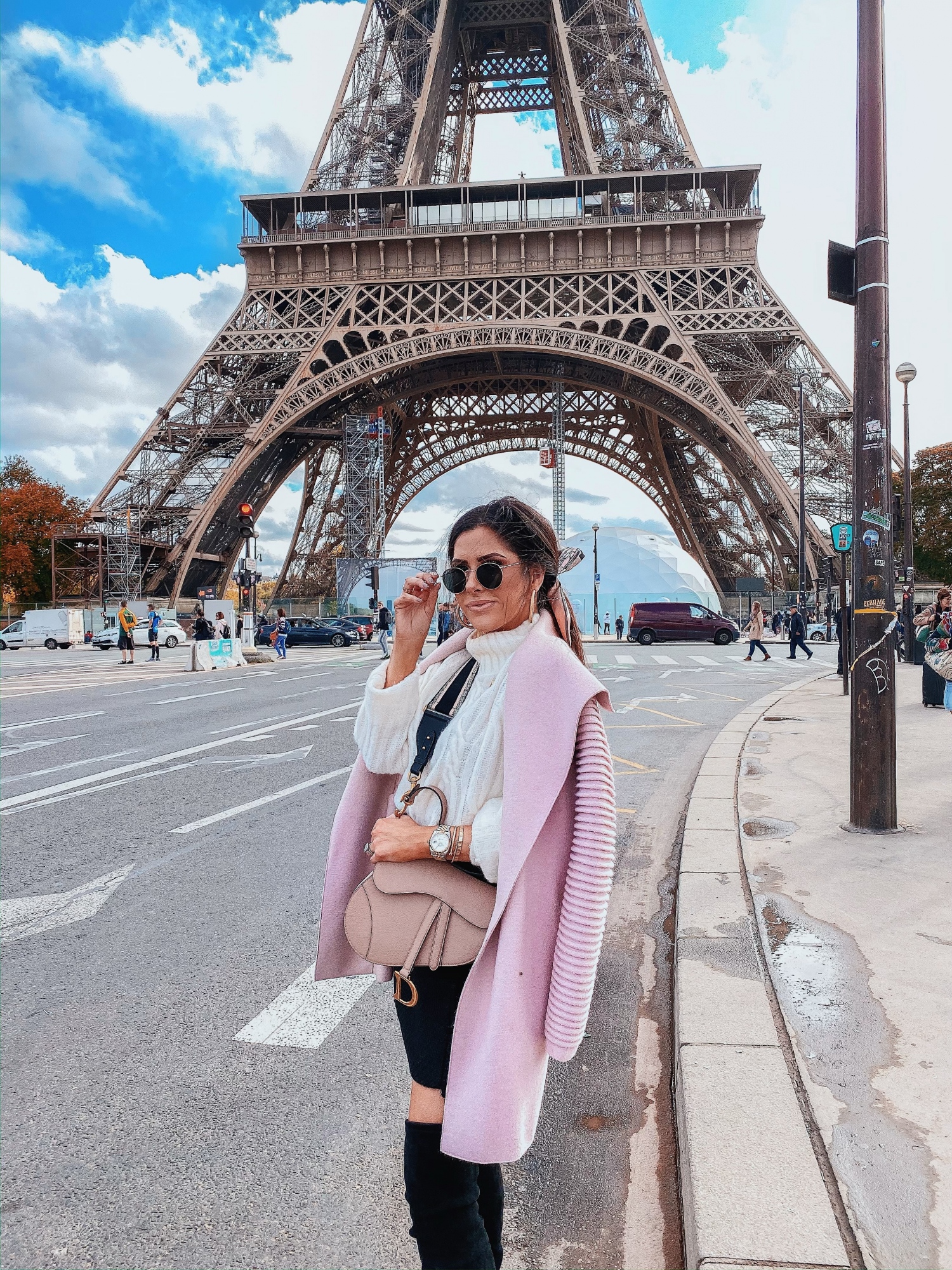 sentaler coat review, paris fashion street style fall 2019 pinterest, nude dior saddle bag with strap, emily gemma | A YEAR IN REVIEW : MASSIVE 2019 INSTAGRAM RECAP by popular Oklahoma life and style blog, The Sweetest Thing: image of a woman standing by the Eiffel Tower and wearing a pink Sentaler Long Wide Collar Wrap Coat. 