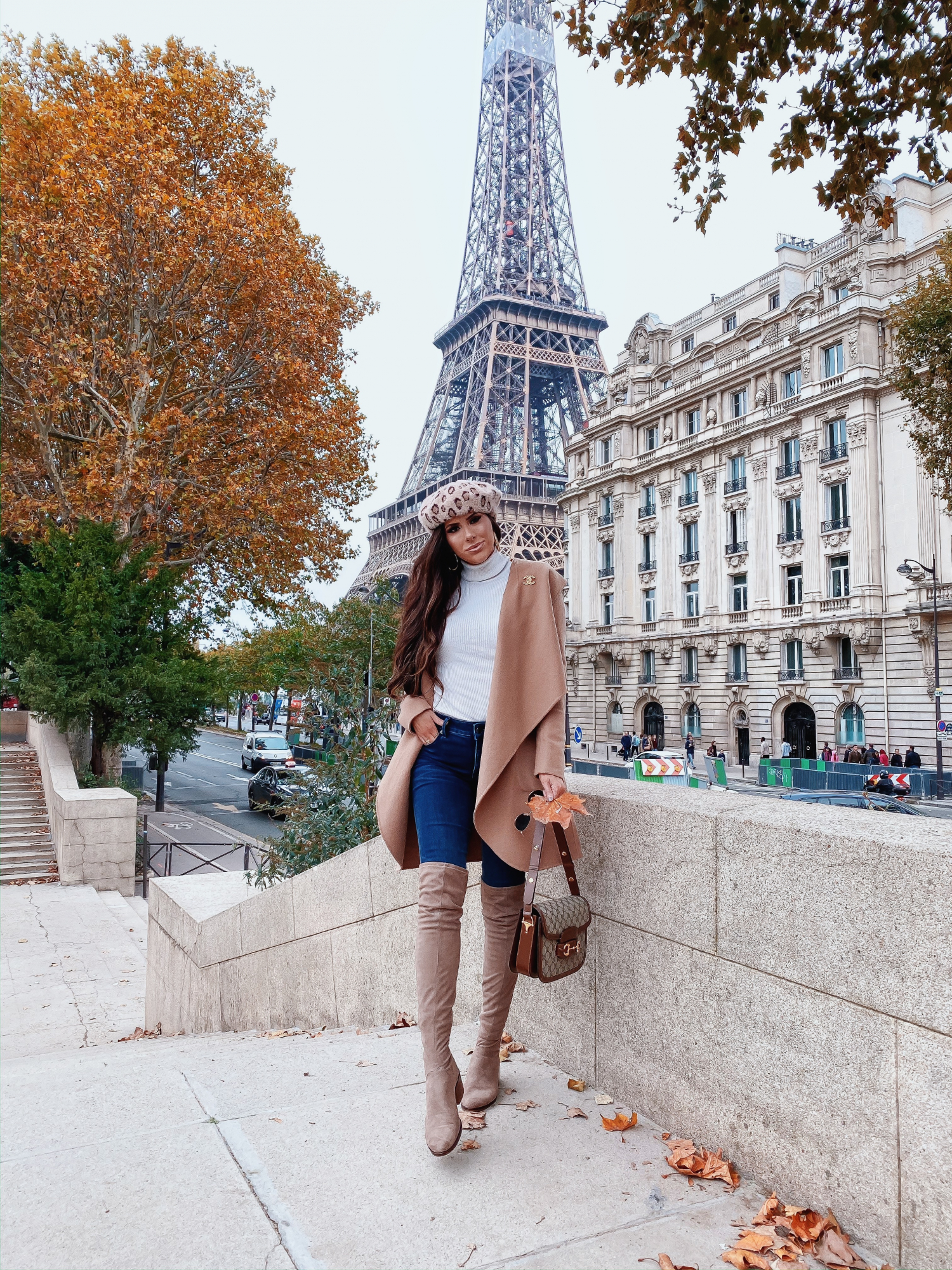 paris street style pinterest instagram fashion blogger, emily gemma | A YEAR IN REVIEW : MASSIVE 2019 INSTAGRAM RECAP by popular Oklahoma life and style blog, The Sweetest Thing: image of a woman standing by the Eiffel Tower and wearing a Revolve Samia Coatigan Soia & Kyo brand:Soia & Kyo, Express Ribbed Turtleneck Sweater, Express High Waisted Denim Perfect Lift Dark Wash Ankle Leggings, Zappos Steve Madden over the knee boots, Anthropologie leopard print beret, Gucci Gucci 1955 Horsebit shoulder bag, Nordstrom 50mm Retro Inspired Round Metal Sunglasses RAY-BAN, Nordstrom Lip Cheat Lip Liner CHARLOTTE TILBURY, Nordstrom Hot Lips Lipstick CHARLOTTE TILBURY, and Nordstrom Gloss Luxe Moisturizing Lipgloss TOM FORD.