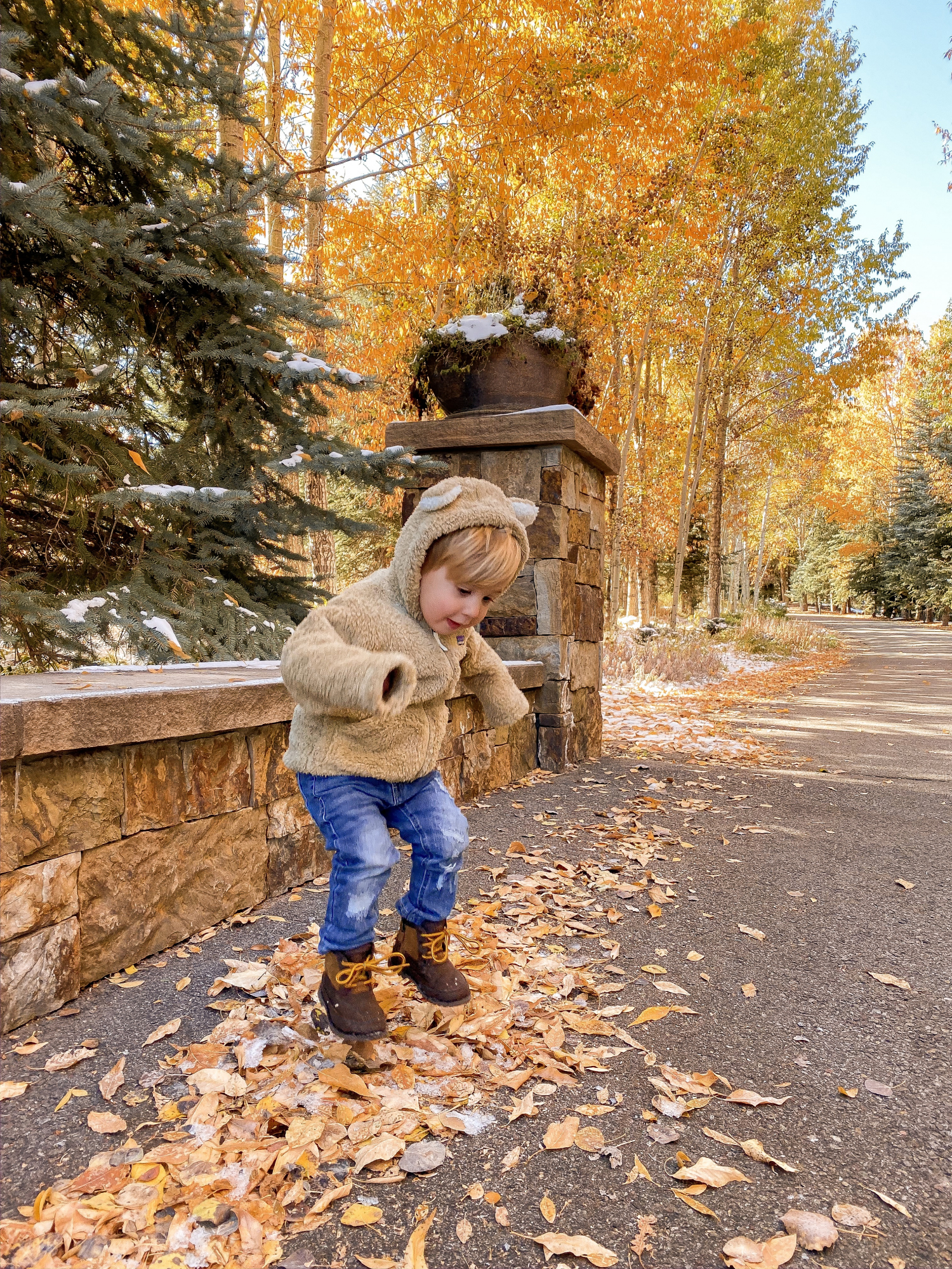 toddler boy fall fashion pinterest, luke gemma | A YEAR IN REVIEW : MASSIVE 2019 INSTAGRAM RECAP by popular Oklahoma life and style blog, The Sweetest Thing: image of a little boy jumping in a pile of leaves and wearing Nordstrom Furry Friends Fleece Hoodie PATAGONIA, Nordstrom Jagger Slim Fit Straight Leg Jeans HUDSON JEANS, and Nordstrom Bradley Waterproof Boot.