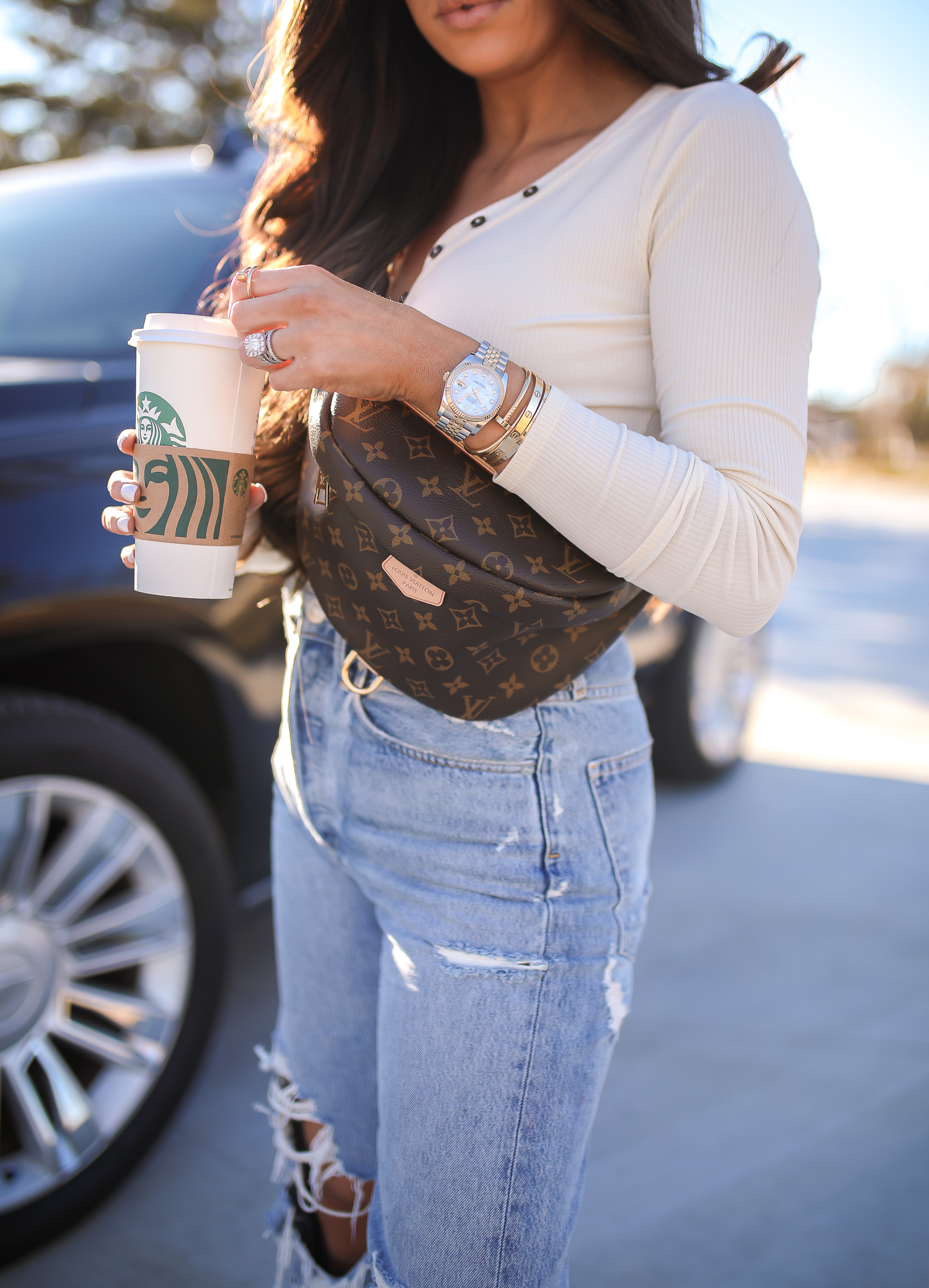 AGOLDE 90s fit high rise jeans review, Louis Vuitton bum bum fanny pack bag, louis vuitton bum bum fanny review pinterest outfit idea, emily gemma, popular fashion bloggers US instagrammers-6 | Agolde Jeans and My Main #OOTD by popular Oklahoma fashion blog, The Sweetest Thing: image of a woman wearing Oliver Top Privacy Please brand: Privacy Please, 90s High Rise Loose Fit AGOLDE brand: AGOLDE, GOLDEN GOOSE Superstar Low-Top Sneakers, Nordstrom 55mm Cat Eye Sunglasses GUCCI, Louis Vuitton Bum Bum fanny pack, Nordstrom Lip Cheat Lip Liner CHARLOTTE TILBURY, Nordstrom Hot Lips Lipstick CHARLOTTE TILBURY, and Nordstrom Gloss Luxe Moisturizing Lipgloss TOM FORD.