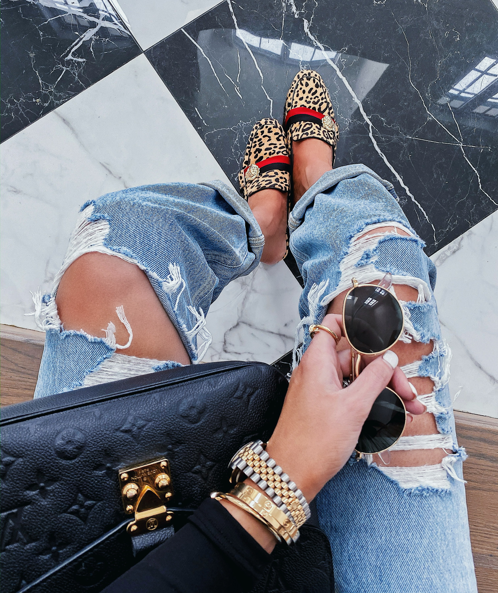 Instagram Recap by popular US fashion blog, The Sweetest Thing: image of a woman wearing a Rolex watch, Steve Madden KARISMA LEOPARD, Revolve 90s High Rise Loose Fit AGOLDE brand: AGOLDE, and Nordstrom Ray-Ban sunglasses, and Louis Vuitton purse. 