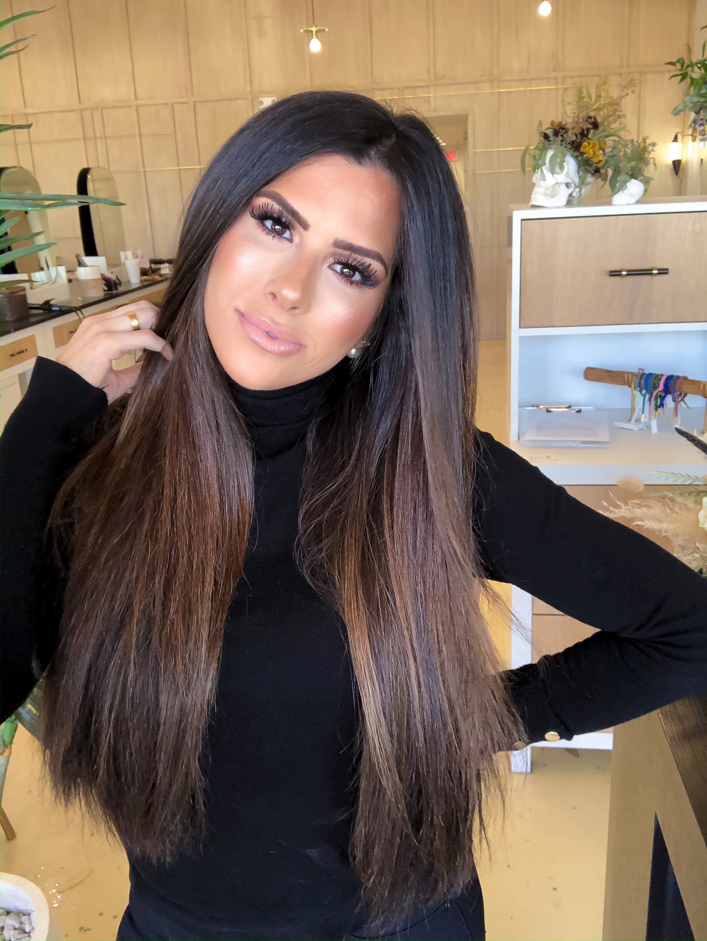 emily gemma hair extensions, straight hair brunette balayage, hair by chrissy |  BEST HAIR PRODUCTS FOR 2019💁🏻‍♀️ || PART 1 by popular US beauty blog, The Sweetest Thing: image of a woman with brunette hair extensions. 