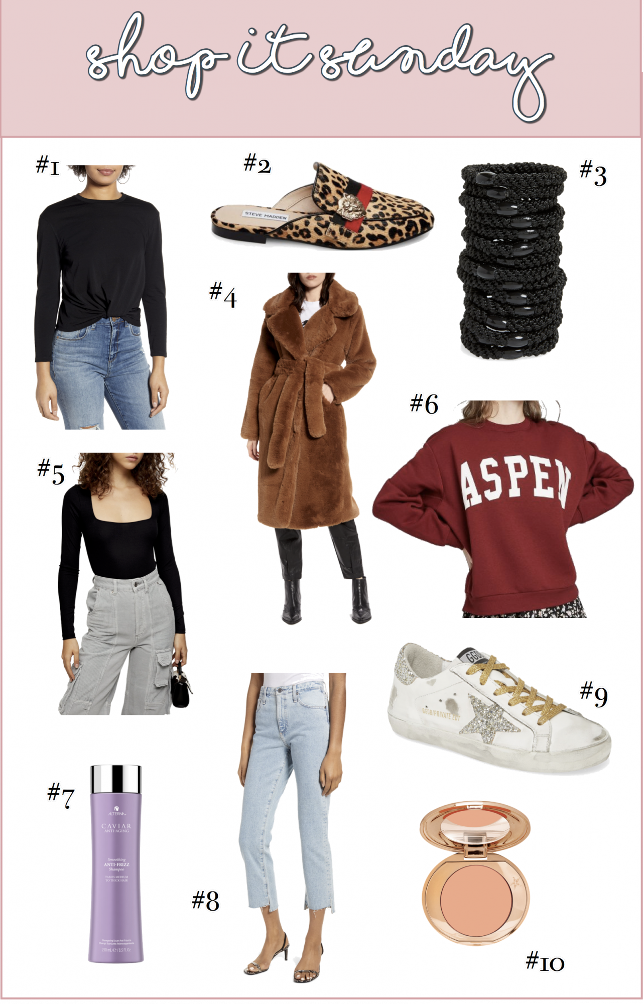 SHOP-IT SUNDAY // READERS FAVORITES FROM LAST WEEK by popular US life and style blog, The Sweetest Thing: collage image of golden good sneakers, Nordstrom Knot Front Tee BP., Steve Madden KARISMA LEOPARD, Nordstrom Longline Faux Fur Coat NA-KD, Nordstrom Long Sleeve Square Neck Bodysuit TOPSHOP, Target Wild Fable Women's Oversized Crewneck Aspen Graphic Sweatshirt, Nordstrom Caviar Anti-Aging Anti-Frizz Shampoo ALTERNA, and Nordstrom Magic Vanish! Color Corrector CHARLOTTE TILBURY.