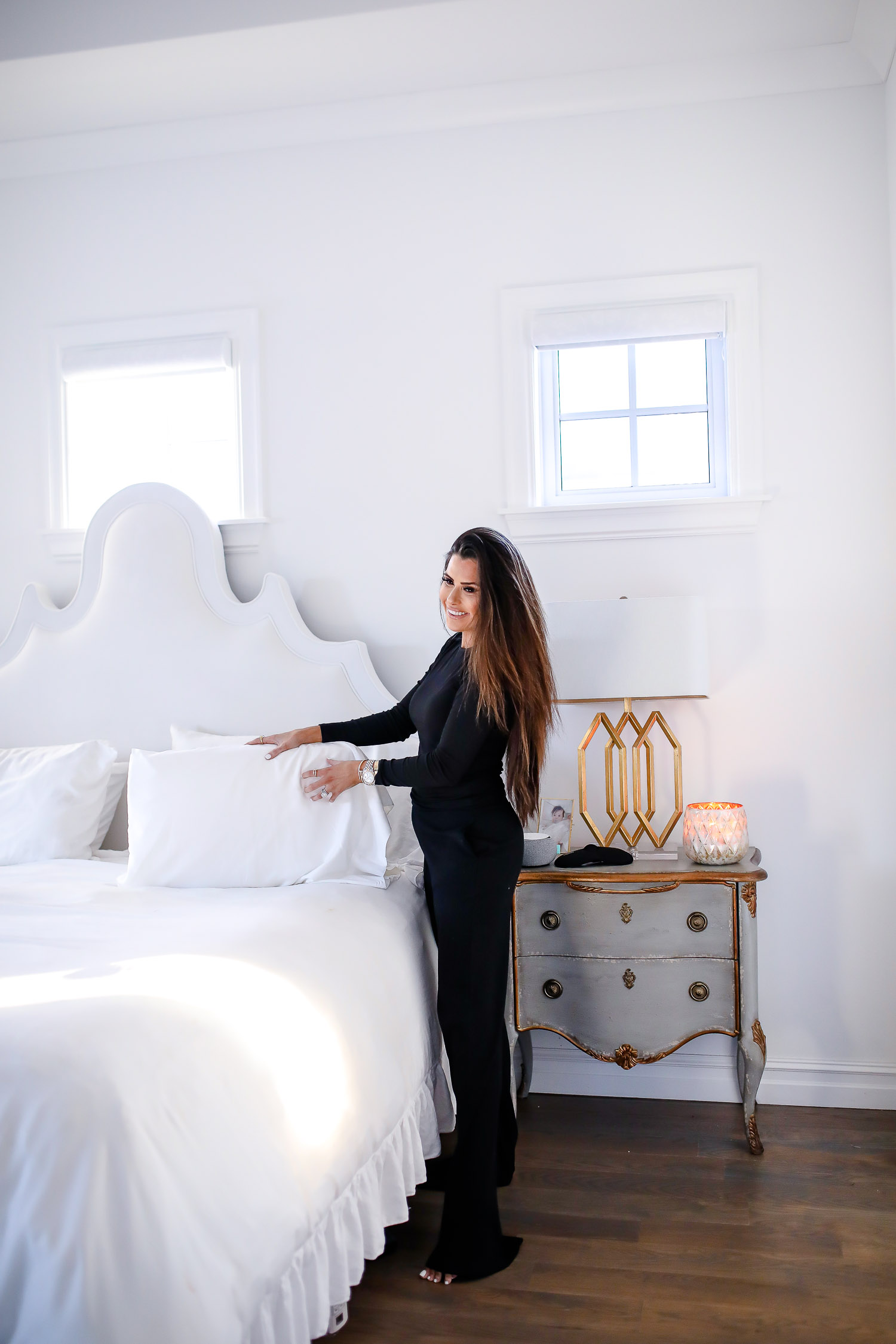 verishop, verishop review, pinterest master bedroom inspo, emily gemma, hooker furniture nightstands-2 | Spring Sales by popular US life and style blog, The Sweetest Thing: image of a woman wearing a Verishop LETT Montreal Rib Top and Verishop LETT Heathrow Wide Leg Pant.