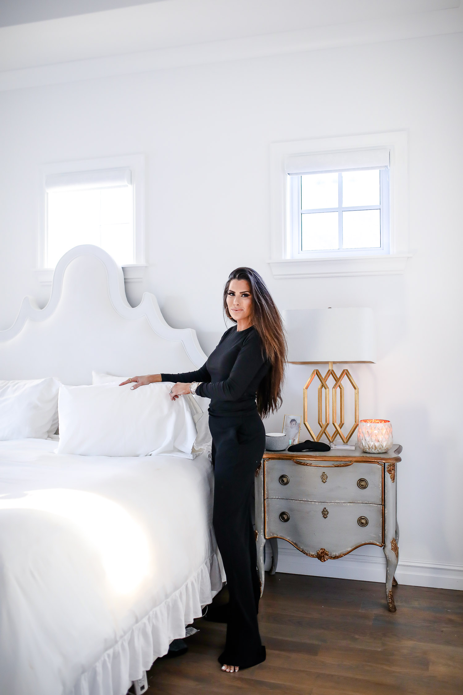 verishop, verishop review, pinterest master bedroom inspo, emily gemma, hooker furniture nightstands-2 | Comfortable Loungewear by popular US fashion blog, The Sweetest Thing: image of Emily Gemma wearing a Lett Montreal Rib Top and a Lett Heathrow Wide Leg Pant.