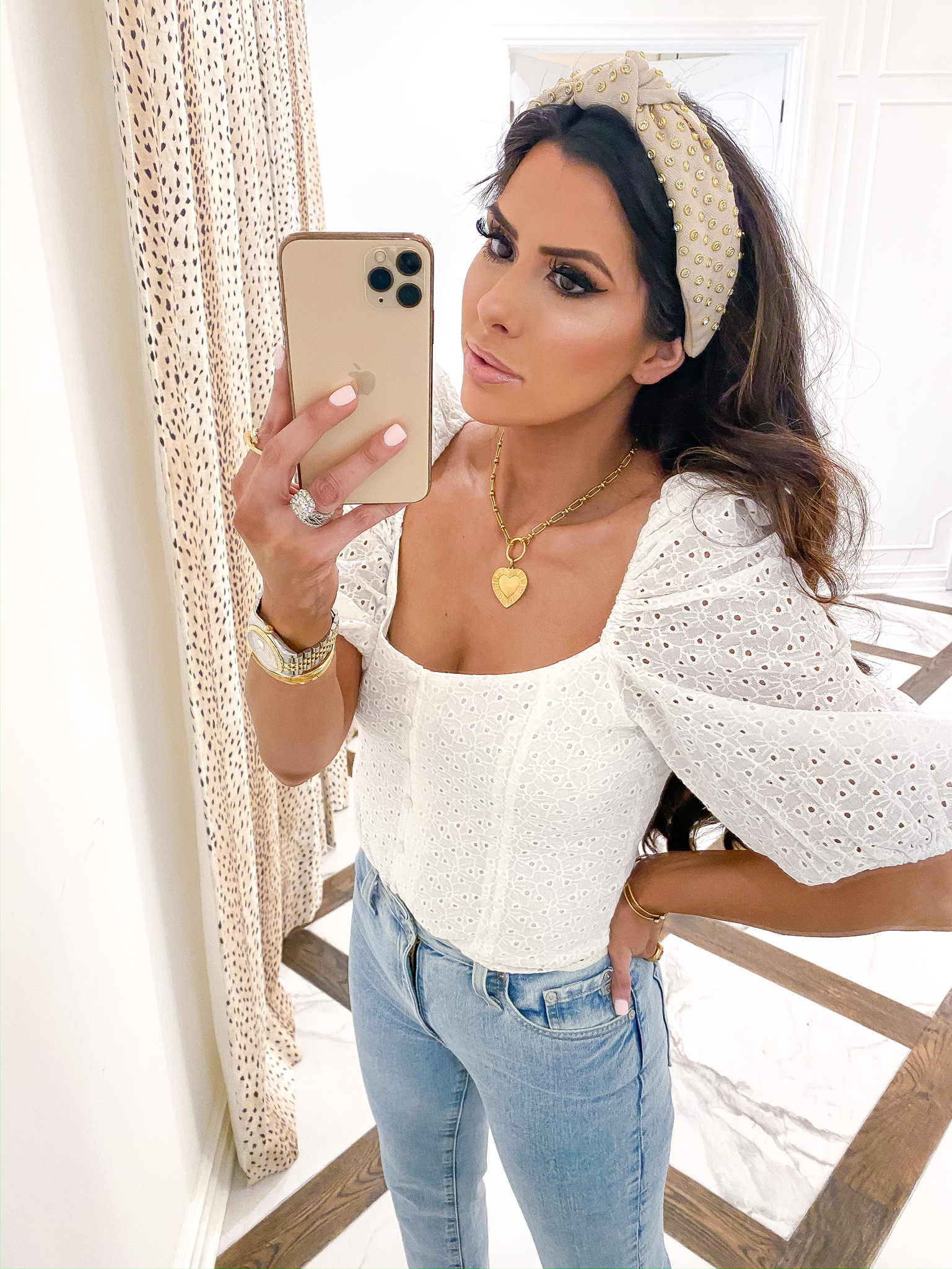 Spring Trends 2020 by popular US fashion blog, The Sweetest Thing: image of a woman wearing a BUDDYLOVE DEMI SWEETHEART TOP, Nordstrom The Isabelle High Waist Step Hem Ankle Jeans AG, ShopBop Brinker & Eliza The Best Is Yet To Come Necklace, and Nordstrom Crystal Embellished Headband LELE SADOUGHI.