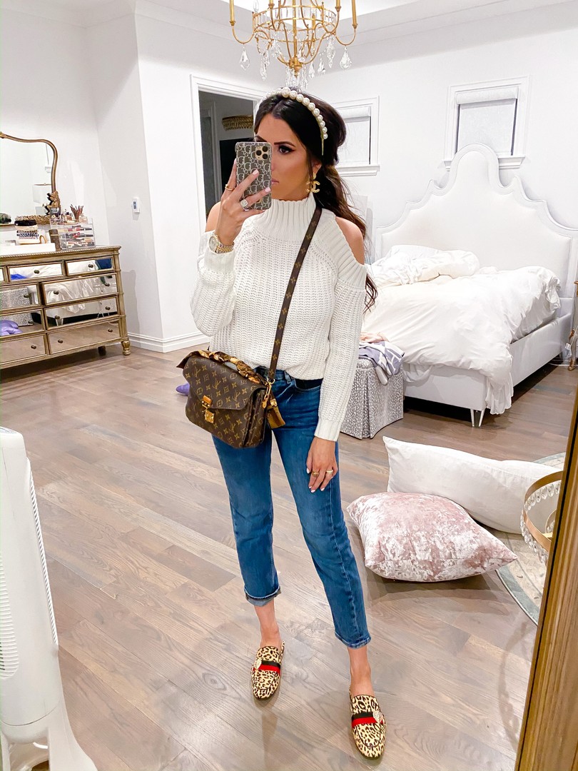 Instagram Fashion by popular US fashion blog, The Sweetest Thing: image of a woman wearing Steve Madden KARISMA LEOPARD flats, Express Super High Waisted Dark Wash Mom Jeans, and Revolve Marta Pearl Headband Lovers + Friends brand: Lovers + Friends.