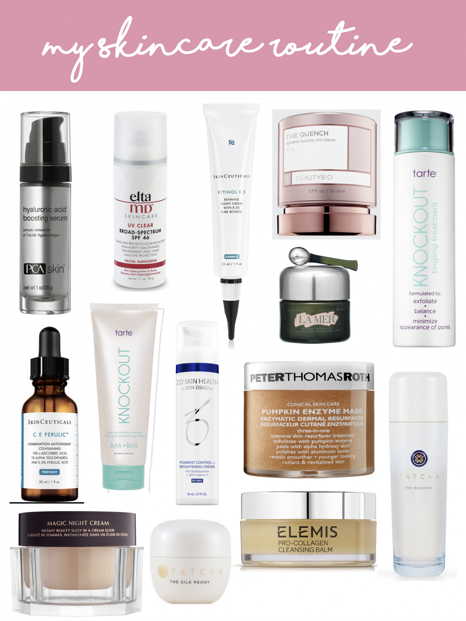 skincare routine, best skincare 2020, | How to Get Rid of Melasma by popular US beauty blog, The Sweetest Thing: collage image of Peter Thomas Roth pumpkin enzyme mask, Tarte knockout, Elemis Collagen cleansing balm, Hyaluronic acid boosting serum, Elta MD UV Clear, La Mer face scrub, and Beauty Bio The Quench.