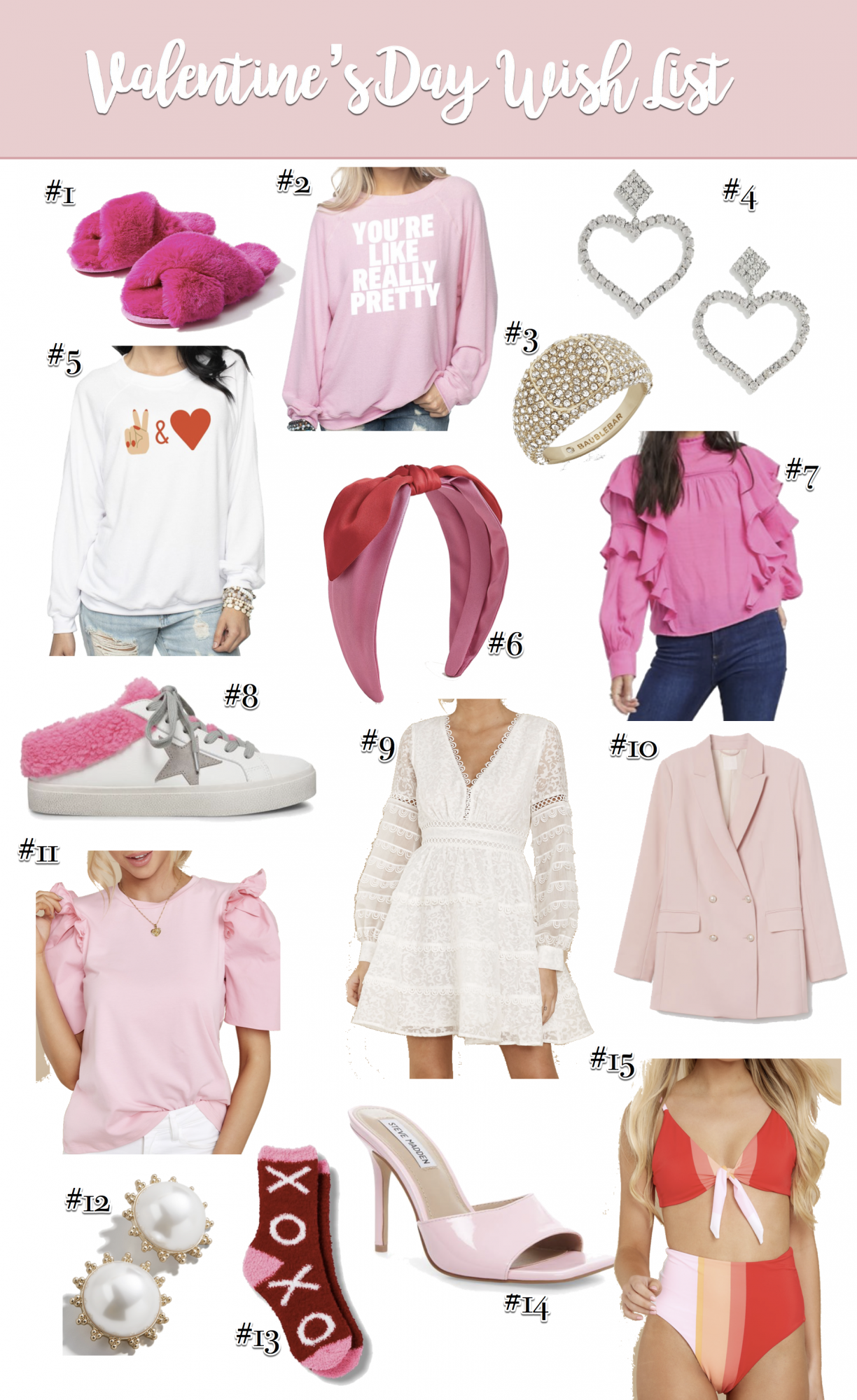 valentines 2020 wish list gift guide | 2020 Valentine's Day Wish List by popular US fashion blog, The Sweetest Thing: collage image of Loft FAUX FUR SLIDE SLIPPERS, BUDDYLOVE COURTNEY GRAPHIC SWEATER - YOU'RE LIKE REALLY PRETTY, Baublebar SERILDA RING, Asos True Decadence rhinestone crystal heart drop earrings, BUDDYLOVE KEITH GRAPHIC SWEATER - PEACE AND LOVE, J. Crew Satin bow knot headband, Asos Vero Moda blouse with high neck and ruffle trim in pink, Steve Madden PETERS WHITE/PINK, Red Dress Timeless Influencer White Lace Dress, H & M Double-breasted Jacket, Red Dress Get Noticed Pink Top ENGLISH FACTORY, BaubleBar DEE PEARL BUTTON STUD EARRINGS, Target Women's XOXO Valentine's Day Cozy Crew Socks, Steve Madden SIGNAL PINK PATENT Bworldly, and Red Dress Summer Hype Red Multi Stripe Bikini Top.