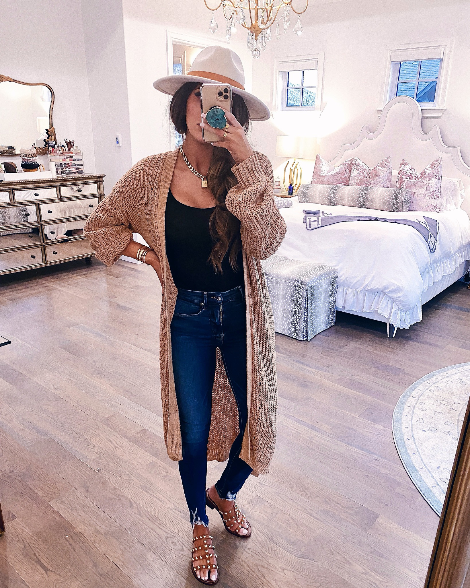 Spring Sales by popular US life and style blog, The Sweetest Thing: image of a woman wearing Nordstrom Good Waist Distressed High Waist Ankle Skinny Jeans GOOD AMERICAN and Nordstrom Juniper Studded Gladiator Slide Sandal SAM EDELMAN.