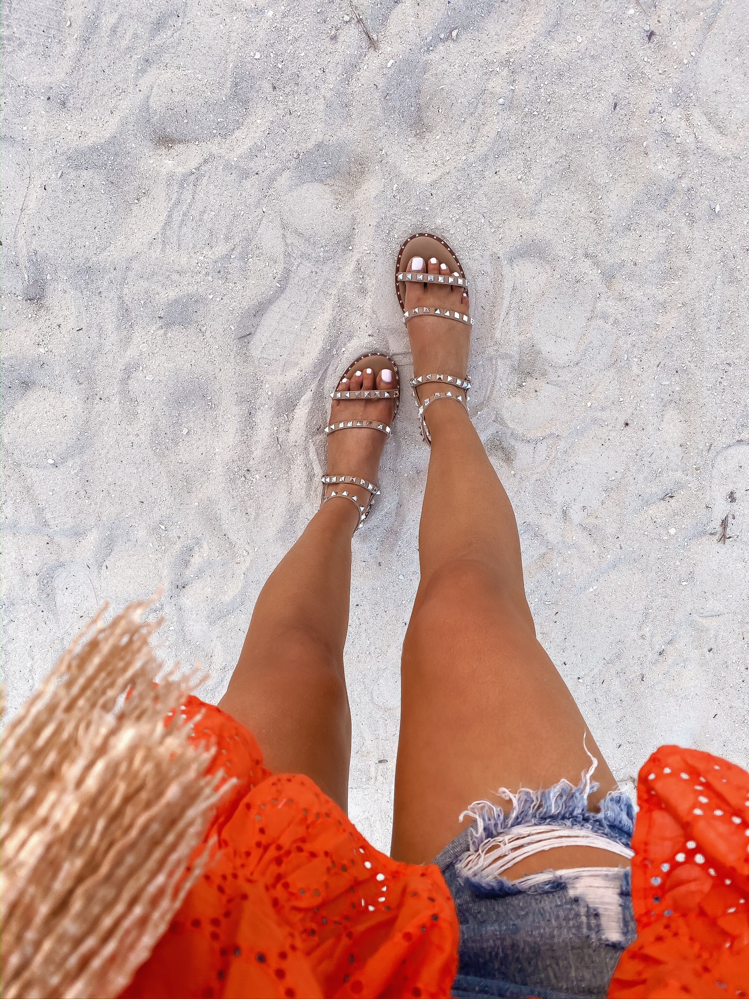 Instagram Fashion by popular US fashion blog, The Sweetest Thing: image of a woman wearing a ASOS ASOS DESIGN off shoulder top in broderie, Shopbop One Teaspoon Hendrix Bandit Shorts, and Steve Madden TRAVEL TAN sandals. 