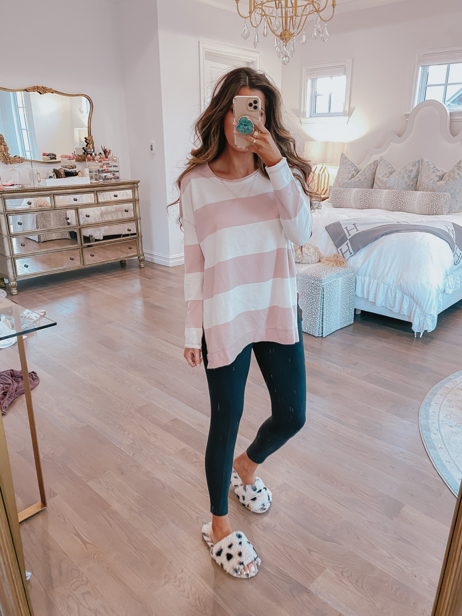 best black leggings, zella leggings review, black leggings with pockets, emily gemma | Comfortable Loungewear by popular US fashion blog, The Sweetest Thing: image of Emily Gemma wearing a Z Supply The Pale Blush Rugby Stripe Weekender Sweater and Nordstrom Zella leggings.