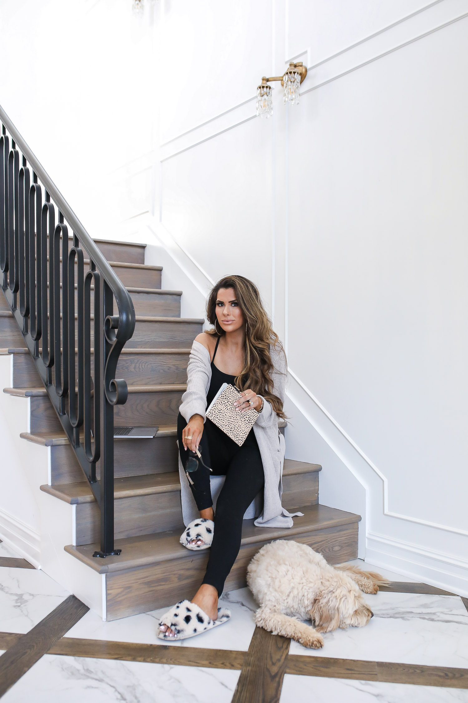 cute loungwear outfit ideas, express work from home outfits, emily gemma22 | Instagram Recap by popular US life and style blog, The Sweetest Thing: image of Emily Gemma wearing a shelf bra cami, belted duster and High Waisted Sexy Stretch Pocket Leggings.