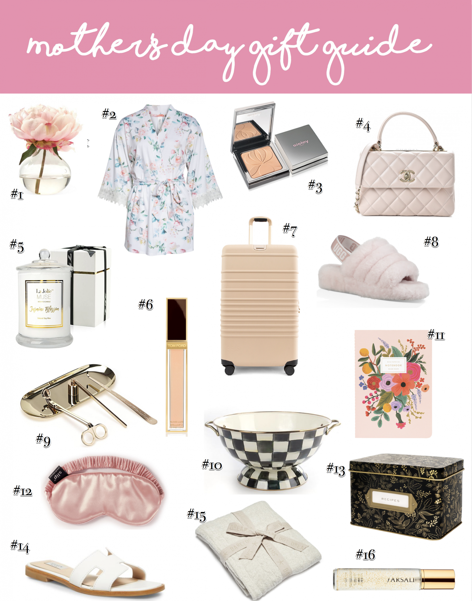 Mother's day gift guide, gifts for mom, Mother's Day wish list | Mother's Day Gift Ideas by popular US life and style blog, The Sweetest Thing: collage image of Faux Peony in Vase, Floral Print Robe, Sisley Blur Powder, Chanel Bag, Jasmine Candle, Tom Ford Gloss Luxe Lip Gloss, BEIS Luggage, UGG Slippers, Candle Accessory Set, MacKenzie Childs Enamel Bowl, Garden Party Notebook Set, SLIP Pure Silk Sleep Mask, Rifle Paper Co. Tin Recipe Box, Steve Madden White Leather Sandals, Barefoot Dreams Throw Blanket, and Farsali Rose Gold 24K Skin Mist 