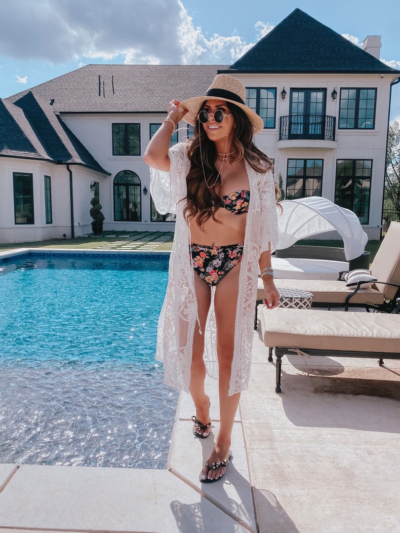 Instagram Recap by popular US life and style blog, The Sweetest Thing: image of Emily Gemma standing by her pool and wearing a Tropicana Balconette Bikini Top MINKPINK brand: MINKPINK, Tropicana Belted Bikini Bottom MINKPINK brand: MINKPINK, Brixton hat, Express Lace Kimono Cover-Up, Express Melissa Harmonic Studs Flip Flops EXPRESS MARKETPLACE, The Styled Collection LOVE SCRIPT PENDANT, and Amazon Retro Small Round Polarized Sunglasses. 