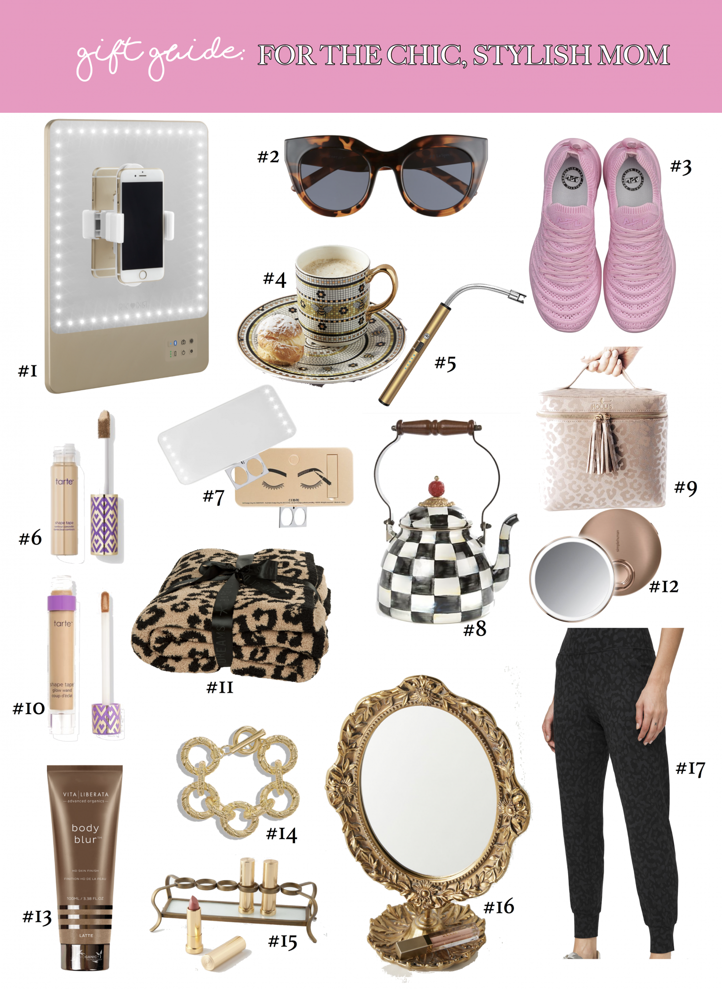 MOTHERS DAY GIFT GUIDE 2020, EMILY GEMMA | Stylish Mother's Day Gift Ideas by popular US life and style blog, The Sweetest Thing: collage image of a RIKI Skinny, Air Heart Sunglasses, APL Tennis Shoes, Garden Tile Mug, Re-Chargable Lighter, Tarte Shape Tape Concealer, RIKI Cutie, MacKenzie Childs Tea Kettle, Hollis Leopard Makeup Bag, Tarte Shape Tape Glow Wand, Barefoot Dreams Throw Blanket, Sensor Makeup Mirror Compact, Vita Liberata Body Blur, Parisian Links Bracelet, Lipstick Holder, Parisian Mirror Vanity, and Lululemon Leopard Joggers. 