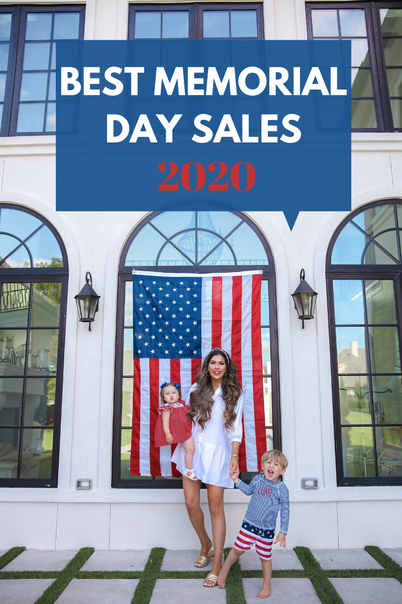 best memorial day sales 2020, fashion blogger best memorial day sales 2020, emily gemma | Memorial Day Sales by popular US life and style blog, The Sweetest Thing: image of a mom and her two children standing in front of a large Walmart Betsy Flags American Flag 4x6 ft. Nylon Grommeted Flag and wearing a Cotton Tunic, Nordstrom Reta Slide Sandal MARC FISHER LTD, The Styled Collection MONROE HOOPS, Smocked Auctions SMOCKED FLAG BLOOMER SET RED AND WHITE DOT, Amazon Korobeauty Hair Bows, and a monogramed rash guard. 