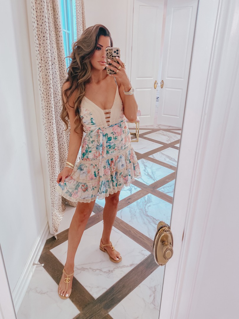 Zimmerman dresses, sale alert, Chanel nude sandals, Emily Gemma, summer dresses 2020, summer fashion | Instagram Recap by popular US life and style blog, The Sweetest Thing: image of Emily Gemma wearing a Zimmerman Verity lace-trimmed floral-print cotton and silk-blend chiffon mini dress and Chanel sandals. 