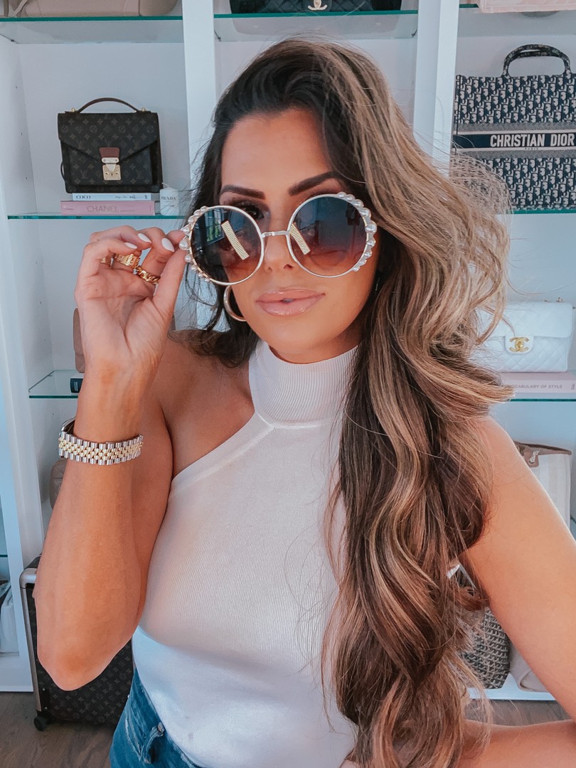 Instagram Recap by popular US life and style blog, The Sweetest Thing: image of Emily Gemma wearing a pair of Amazon Naimo Fashion Round Pearl Decor Sunglasses UV Protection Metal Frame, Revolve Luz Knit Top superdown, and Good Waist Distressed High Waist Ankle Skinny Jeans.