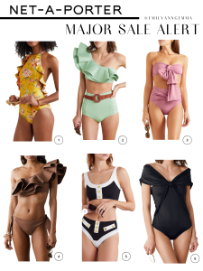 swimsuit sale, vacation trends, summer fashion | Net A Porter Sale by popular US fashion blog, The Sweetest Thing: collage image of a Zimmerman Zinnia ruffled floral-print swimsuit, JOHANNA ORTIZ Watercolor one-shoulder ruffled bikini top, BONDI BORN + NET SUSTAIN Neve tie-front bikini top, JOHANNA ORTIZ Smell Of Coffee one-shoulder ruffled bikini top, CAROLINE CONSTAS Sailor button-embellished two-tone bikini, and JOHANNA ORTIZ Moon Goddess off-the-shoulder swimsuit. 