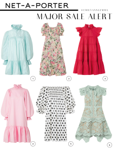 summer fashion, summer dresses, major sale items | Net A Porter Sale by popular US fashion blog, The Sweetest Thing: collage image of a AVAVAV Ruffled silk-charmeuse mini dress, FAITHFULL THE BRAND De Christin shirred floral-print linen midi dress, RHODE Tiffany ruffled tiered cotton-poplin mini dress, AVAVAV Ruffled smocked cotton-poplin dress, SLEEPER Atlanta off-the-shoulder shirred polka-dot silk-satin midi dress, and SELF-PORTRAIT Asymmetric grosgrain-trimmed corded lace mini dress.