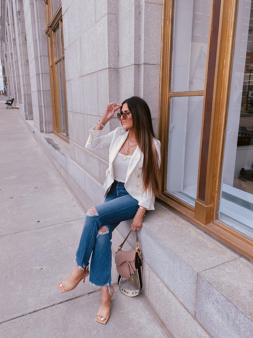Instagram Recap by popular US life and style blog, The Sweetest Thing: image of Emily Gemma wearing a Express Double Breasted 3/4 Sleeve Novelty Button Blazer, Express Scoop Neck Sweater Cami, Bottega Veneta heel sandals, Express Sunglass chain, Dior sunglasses, Cartier jewelry and holding a Dior bag. 