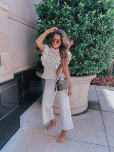white jeans 2020, flattering white jeans, crochet tops, lace top, neutral outfit inspiration, Louis Vuitton vanity bag, summer fashion 2020 | Instagram Recap by popular US life and style blog, The Sweetest Thing: image of Emily Gemma wearing a H&M Flounce-trimmed Crocheted Top, BuddyLove BUDDYLOVE UMA SCOOP NECK BODYSUIT, H&M Culotte High Ankle Jeans, Bottega Veneta Stretch Leather Mules, and Dior DiorSociety2F 60MM Round Sunglasses.