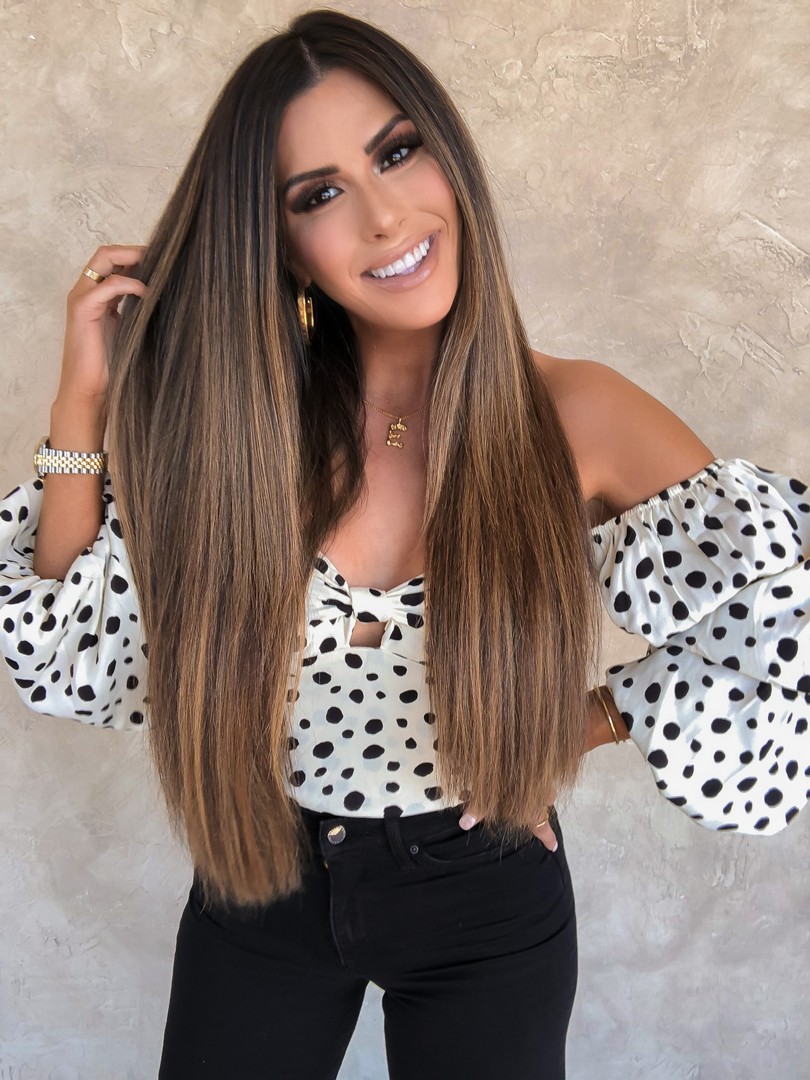 straight hairstyles, hand tied extensions, long hairstyles, balayage for brunettes, polkadot outfits, black and white outfits, Scottsdale outfit ideas 2020 | Instagram Recap by popular US life and style blog, The Sweetest Thing: image of Emily Gemma wearing a REFORMATION Simi off-the-shoulder shirred polka-dot crepe de chine blouse, H&M jeans, Rolex watch, and Net-A-Porter CHLOÉ Alphabet gold-tone necklace.