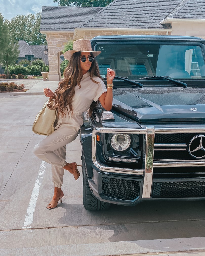 Instagram Recap by popular US life and style blog, The Sweetest Thing: image of Emily Gemma wearing a Express Zip Front Utility Jumpsuit, Lack of Color Hat, Express Large Metal Hoop Earrings, and holding a Chanel bag. 