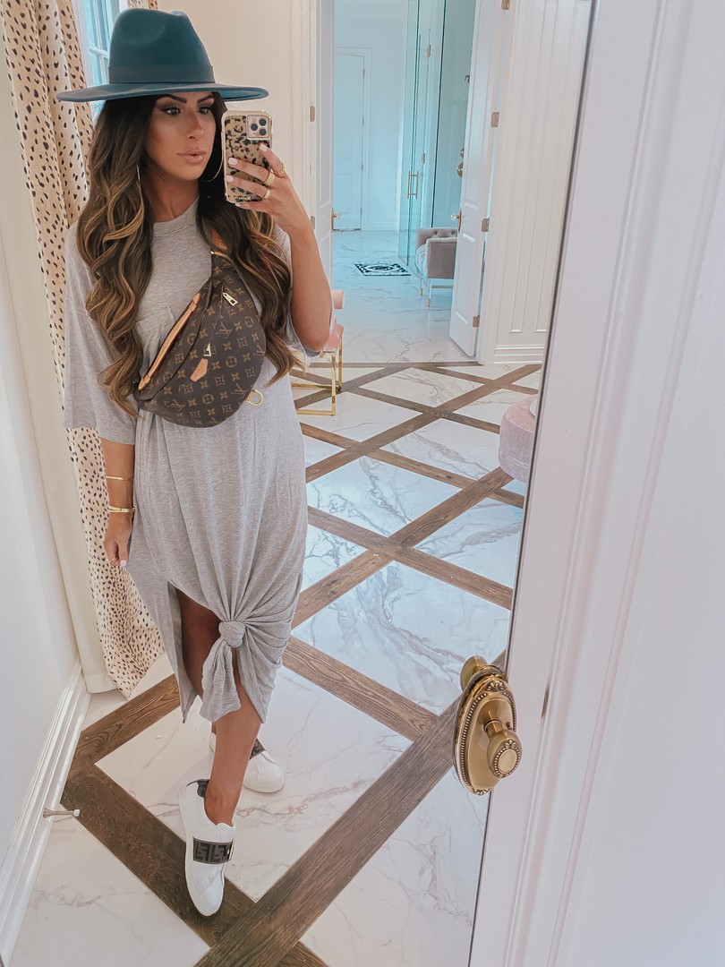 Instagram Recap by popular US life and style blog, The Sweetest Thing: image of Emily Gemma wearing a grey Story t-shirt dress, Fendi sneakers, Free People hat, Louis Vuitton bum bag, and holding a phone in a leopard print Case-mate phone case. 