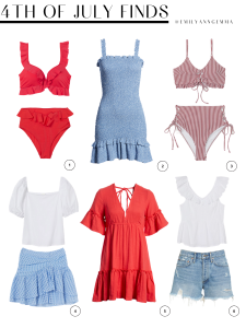4th of July Outfit, Red White and Blue, Stars and Stripes, Jean Shorts, Bikini, Summer Fashion | 4th of July Outfits by popular US fashion blog, The Sweetest Thing: collage image of a H&M bikini top and H&M bikini bottoms, One Clothing smocked blue dress, Chelsea28 top and H&M mini skirt, Red Billabong dress, and AGOLDE shorts and H&M white flutter sleeve top. 