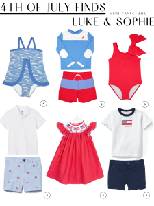 Kids Clothes, 4th of July Baby Outfit, Red White and Blue, Baby Girl Swimsuit, American Flag, Summer Baby Clothes | 4th of July Outfits by popular US fashion blog, The Sweetest Thing: collage image of a Beaufort Bonnet scalloped swimsuit, Beaufort Bonnet swim shirt, Beaufort Bonnet swim trunks, Nordstrom white polo, Nordstrom flag shorts, Smocked Auctions flag dress, Janie and Jack flag shirt and H&M blue shorts. 