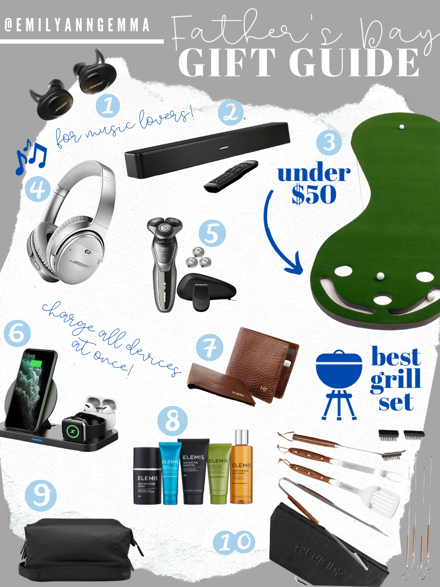 Father's Day Gift Ideas by popular US lifestyle blog, The Sweetest Thing: collage image of Bose wireless headphones, Bose sound bar, putting green, Bose Quiet Comfort Wireless Headphone II, Electric Shaver and Accessory Kit, Charging Station, Mark and Graham leather wallet, Elemis travel set, Skyline Dopp kit, and a wood-handled grill set.