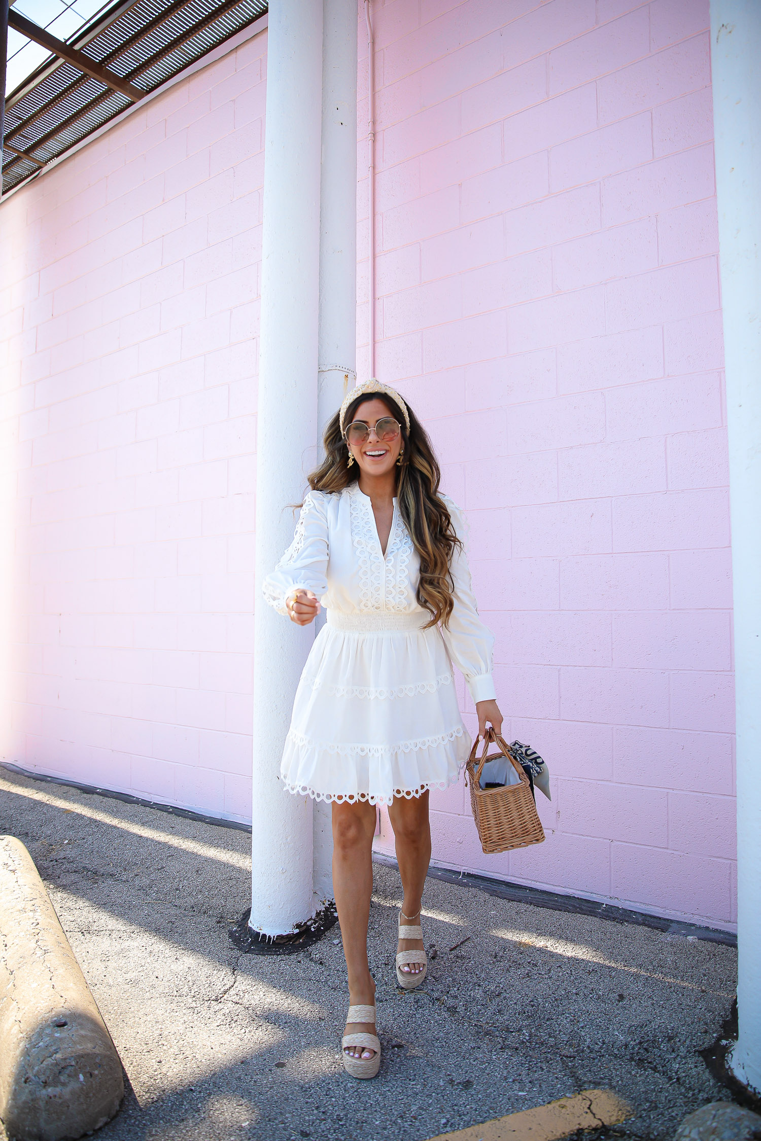 Zimmerman dress dupe, cute summer dresses 2020, endless rose dress, Nordstrom dresses 2020, the sweetest thing blog | Zimmermann Dress Dupe by popular US fashion blog, The Sweetest Thing: image of a woman standing front of a pink wall and wearing a Nordstrom ENDLESS ROSE Lace Trim Dress, Nordstrom STEVE MADDEN Jolted Platform Wedge Sandal, Nordstrom LELE SADOUGHI Crystal Embellished Headband, Nordstrom CHARLOTTE TILBURY Lip Cheat Lip Liner, Nordstrom CHARLOTTE TILBURY Hot Lips Lipstick, Nordstrom TOM FORD Gloss Luxe Moisturizing Lipgloss, Rolex watch, Cartier ring, Dior ring, Chanel earrings, and a Christian Dior scarf. 