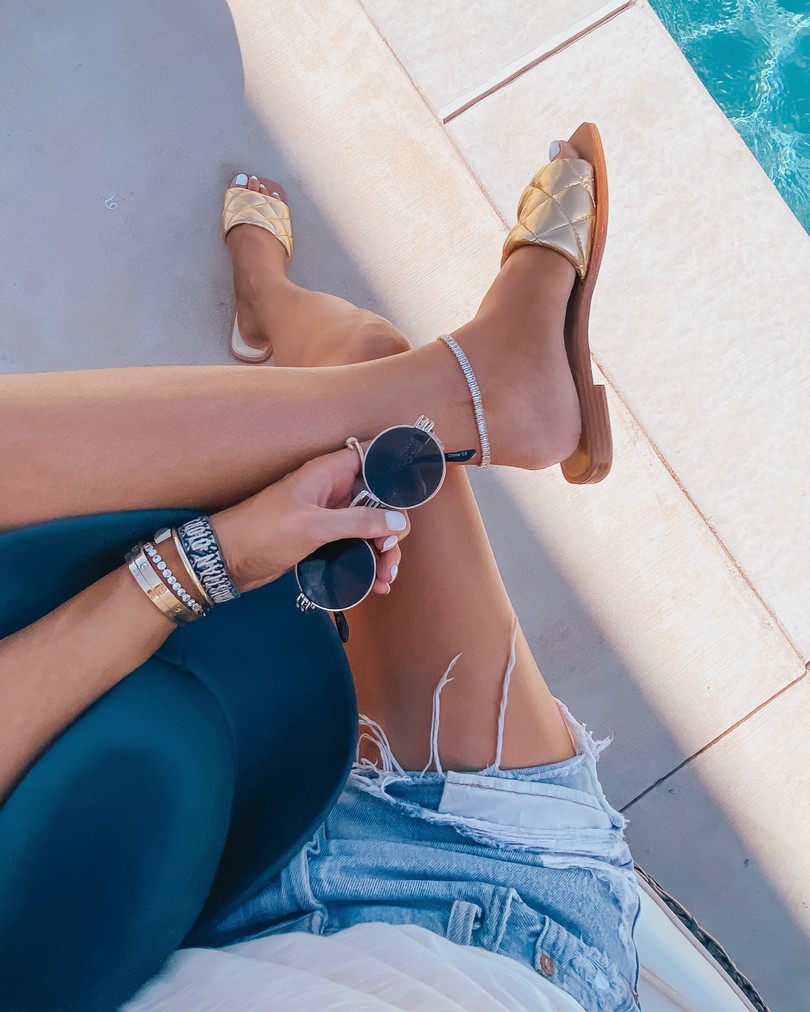 Instagram Recap by popular US life and style blog, The Sweetest Thing: image of Emily Gemma wearing Marc Fisher gold slide sandals, Levi's Shorts, Nordstrom Argento Vivo Carmen Chain Anklet ARGENTO VIVO STERLING SILVER, and Cartier bracelets. 