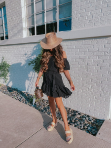 spring fashion, summer fashion, hat looks, little black dresses, neutral wedges, platform wedges | Instagram Recap by popular US life and style blog, The Sweetest Thing: image of Emily Gemma wearing a Nordstrom Off the Shoulder Minidress ALL IN FAVOR, Nordstrom Jolted Platform Wedge Sandal STEVE MADDEN, and Red Dress Palma Natural Boater Hat LACK OF COLOR. 