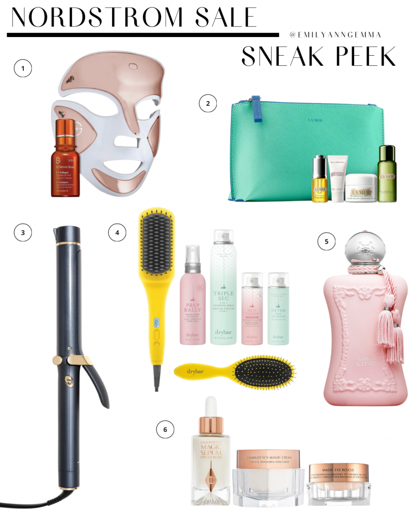 nsale 2020, nordstrom anniversary sale 2020, beauty products Nordstrom sale, must have blog posts nordstrom sale 2020, Emily Ann Gemma, the sweetest thing blog | Nordstrom Anniversary Sale by popular US fashion blog, The Sweetest Thing: image of Nordstrom DR. DENNIS GROSS LED Light Therapy Device, LA MER KIT Mini Miracles Soft Cream Set, T3 MICRO i1.4 Inch Midnight blue Single Pass Curling Iron, DRYBAR Set, DELINA Parfum, and Charlotte Tilbury Red Carpet Skin Secrets Set.