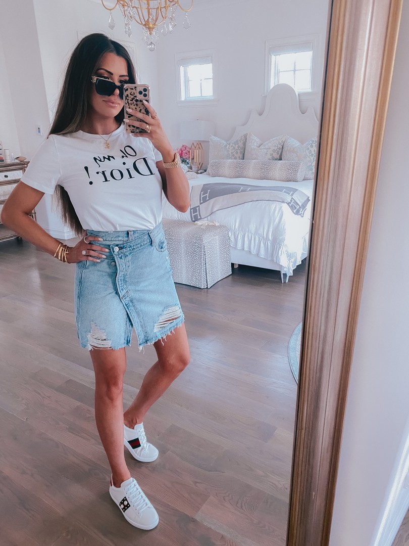 Instagram Recap by popular US life an style blog, The Sweetest Thing: image of Emily Gemma wearing a Free People denim skirt, Gucci sneakers, Hello Molly Shirt, Chloe necklace, and Louis Vuitton sunglasses. 