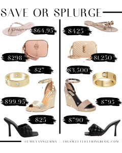 save or splurge, designer dupes, designer deals | Save or Splurge Fashion by popular US fashion blog, The Sweetest Thing: collage image of studded flip flops, designer bags, gold rings, espadrille wedges, and black heel slide sandals. 