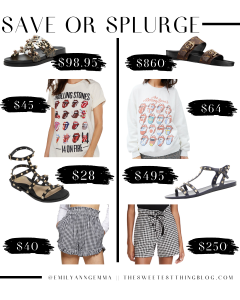 save or splurge, designer dupes, designer deals | Save or Splurge Fashion by popular US fashion blog, The Sweetest Thing: collage image of slide sandals, Rolling Stones shirts, black studded strap sandals, and black and white gingham shorts. 