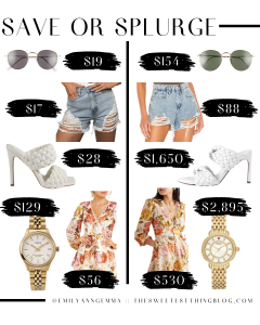 save or splurge, designer dupes, designer deals | Save or Splurge Fashion by popular US fashion blog, The Sweetest Thing: collage image of sunglasses, cutoff distressed denim shorts, white heel sandals, gold watches, and floral dresses. 