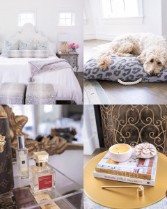 Home decor, Nordstrom Sale 2020, NSALE 2020, Emily Ann Gemma |Instagram Recap by popular US life and style blog, The Sweetest Thing: collage image of The Chic Nest bed, perfume, stacked books, candle snuffer, and a dog laying on a leopard print dog bed. 