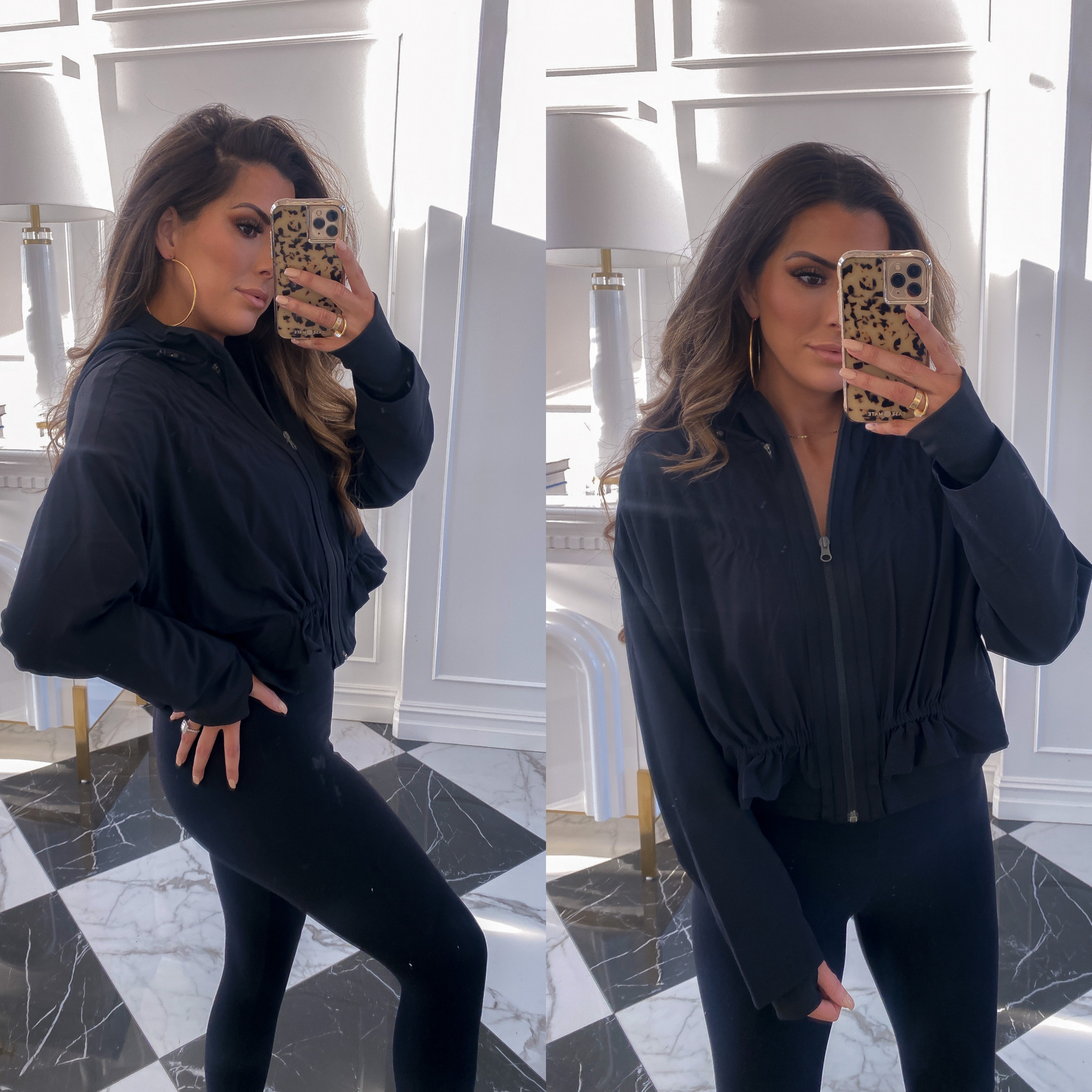 Nordstrom Anniversary Sale 2020 Try On, NSALE 2020 blogger picks zella leggings review | Nordstrom Anniversary Sale by popular US fashion blog, The Sweetest Thing: collage image of Emily Gemma wearing a Nordstrom ZELLA Hooded Jacket and COMMANDO Supplex Angle Leggings.