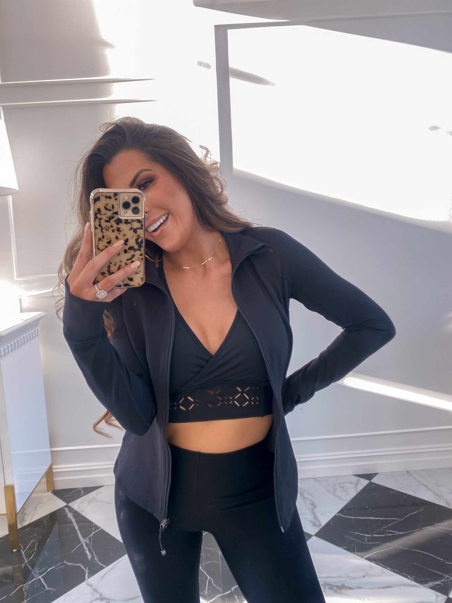Nordstrom Anniversary Sale by popular US fashion blog, The Sweetest Thing: collage image of Emily Gemma wearing a Nordstrom ZELLA Hooded Jacket, ZELLA Nova Perforated Racerback Bra, and COMMANDO Supplex Angle Leggings.